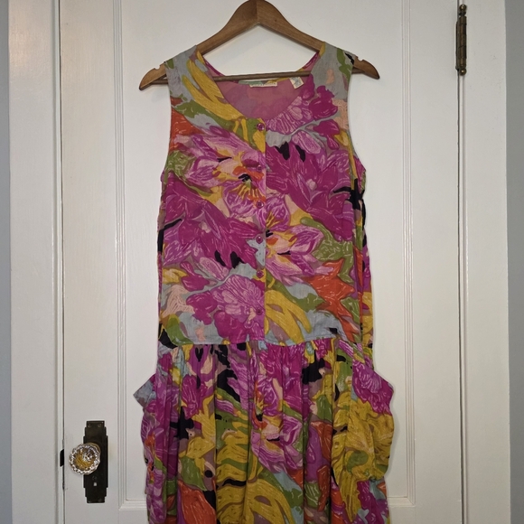 Vintage Erika Taylor Drop-Waist Cotton Dress – Size M – Pink Floral - Picture 2 of 7
